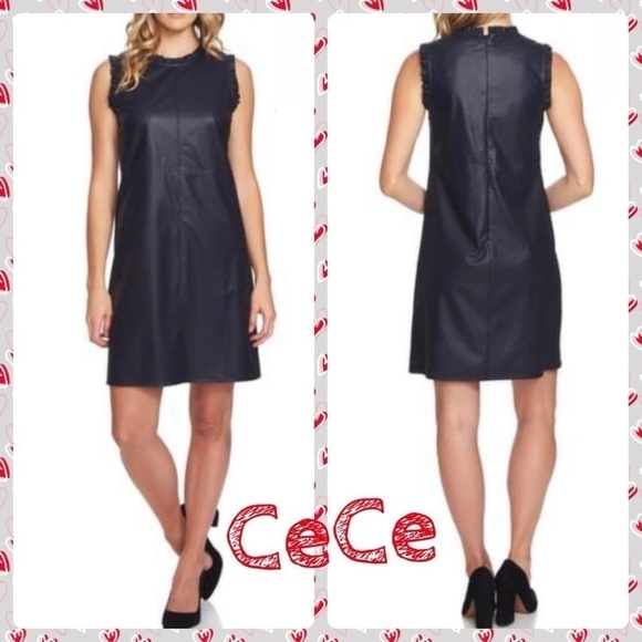 CeCe Ruffle Detail Faux Leather Shift Dress black - Picture 1 of 11